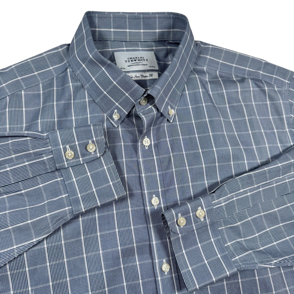 Charles Tyrwhitt Dress Shirt Men 18/35 Blue White Check Non Iron Classic Preppy